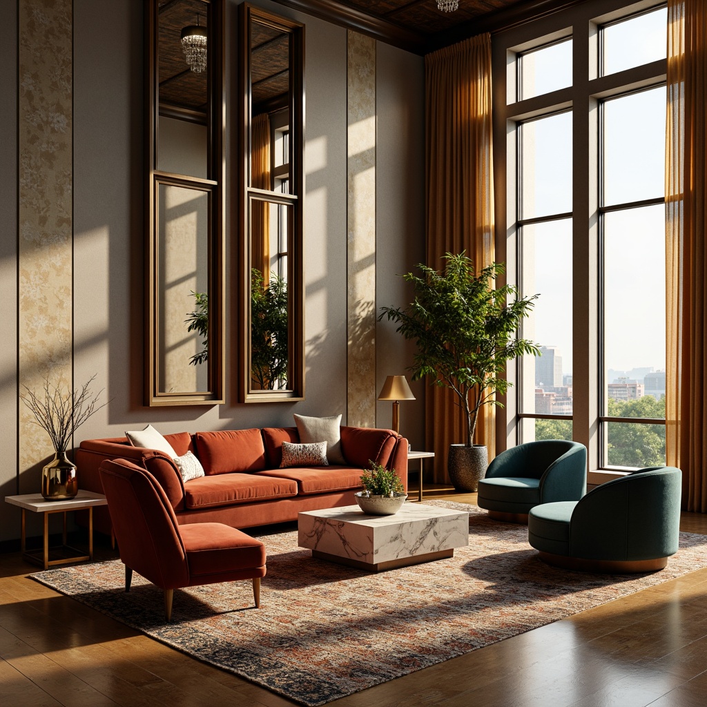 Prompt: Luxurious modern living room, Art Deco inspired furniture, metallic accents, geometric patterns, ornate mirrors, velvet sofas, marble coffee tables, crystal chandeliers, bold color schemes, opulent textiles, lavish drapery, sunlit windows, high ceilings, sleek lines, minimalist decor, sophisticated ambiance, warm golden lighting, shallow depth of field, 1/1 composition, realistic reflections, ambient occlusion.