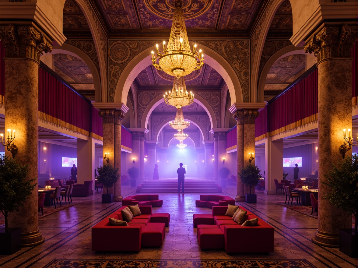 Prompt: Richly ornamented nightclub interior, Romanesque arches, grand chandeliers, luxurious velvet drapes, ornate golden accents, lavish marble floors, intimate VIP areas, plush crimson sofas, mystical purple lighting, fog machines, strobe lights, DJ booth with LED screens, elevated dance floor, majestic stone columns, intricate mosaics, warm candlelight, dramatic ceiling heights, 1/2 composition, low-key warm lighting, realistic reflections.