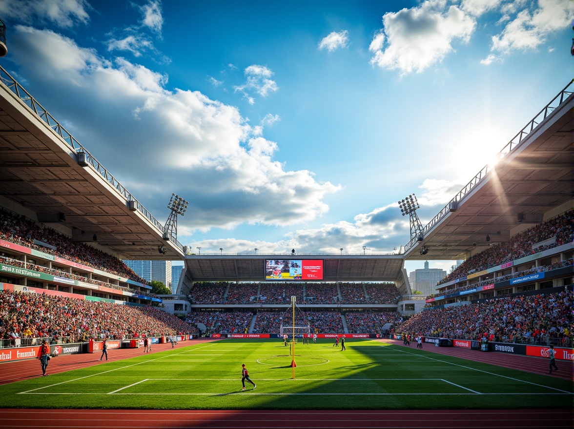 Prompt: Vibrant football stadium, energetic crowd, bold team colors, dynamic LED lighting, sleek modern architecture, angular lines, metallic materials, lush green grass, athletic track, scoreboard displays, goalposts, stadium seating, urban cityscape, cloudy blue sky, warm sunny day, shallow depth of field, 3/4 composition, panoramic view, realistic textures, ambient occlusion.