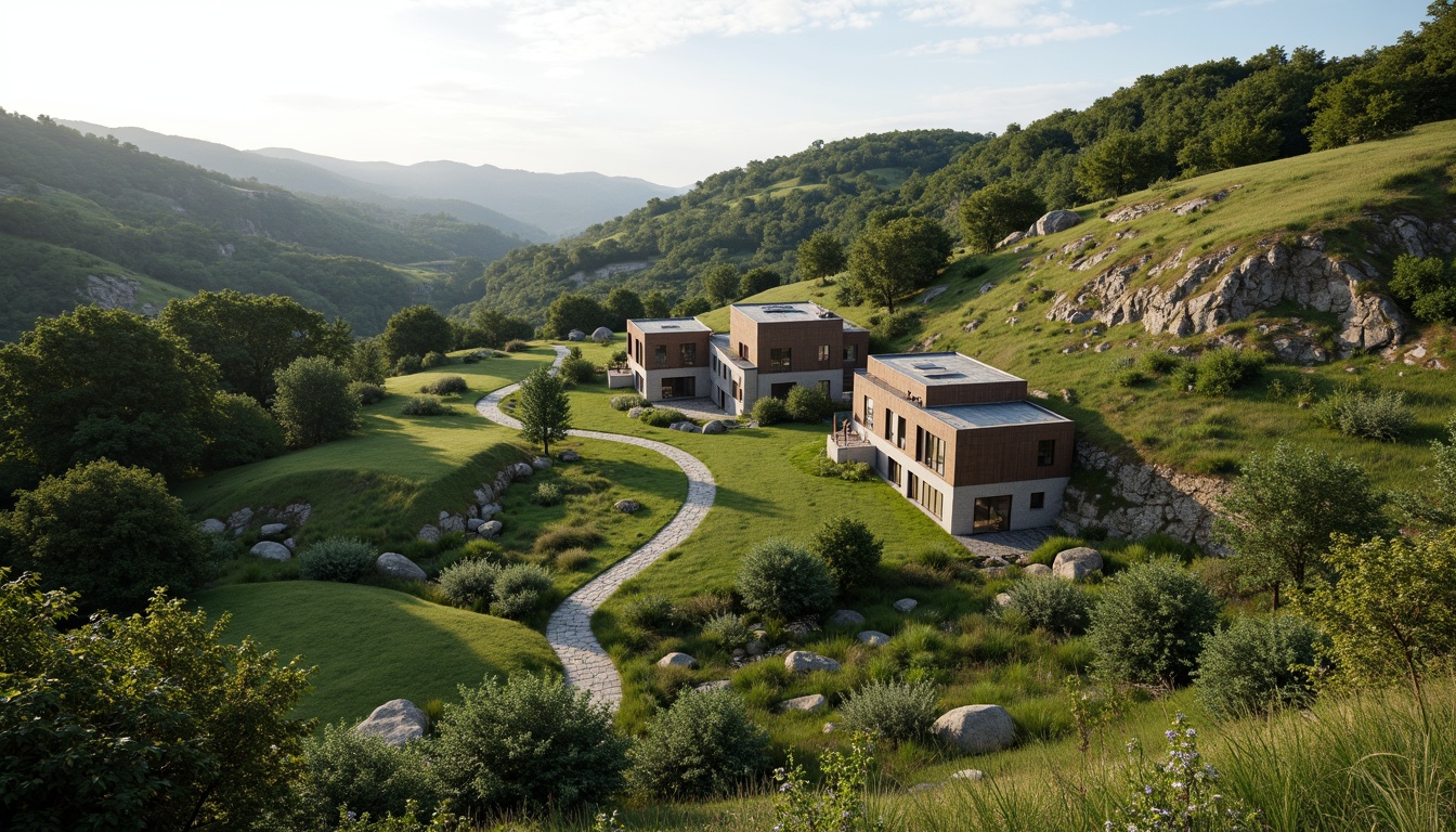 Prompt: Rustic hillside, lush green vegetation, winding stone pathways, modernist Bauhaus buildings, flat roofs, rectangular forms, industrial materials, steel frames, large windows, minimalist decor, functional design, harmonious integration, natural surroundings, rolling hills, serene atmosphere, soft diffused lighting, shallow depth of field, 2/3 composition, panoramic view, realistic textures, ambient occlusion.