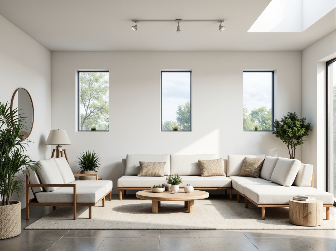 Prompt: Simple white walls, large windows, sliding glass doors, natural stone floors, minimal ornamentation, clean lines, monochromatic color scheme, abundant natural light, indirect sunlight, soft shadows, subtle textures, Nordic-inspired furniture, low-profile sofas, sleek coffee tables, potted greenery, airy atmosphere, calm ambiance, shallow depth of field, 1/1 composition, realistic rendering, ambient occlusion.