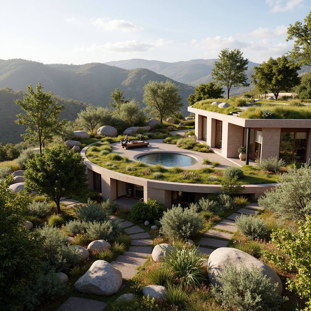 Prompt: Seamless building integration, lush green roofs, native plant species, natural stone walls, reclaimed wood accents, earthy color palette, organic forms, curved lines, minimal visual impact, surrounding landscape preservation, scenic views, abundant natural light, soft warm ambiance, shallow depth of field, 3/4 composition, panoramic view, realistic textures, ambient occlusion.