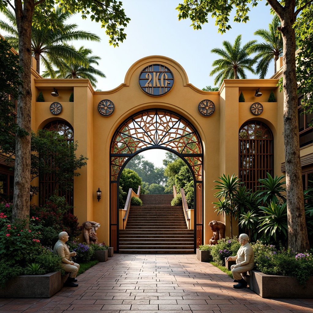 Prompt: Vibrant zoo entrance, ornate metal gates, Art Deco patterns, geometric shapes, bold typography, exotic animal sculptures, lush greenery, tropical plants, colorful flowers, intricate mosaics, glazed ceramics, ornamental fountains, grand staircases, luxurious materials, metallic accents, warm golden lighting, shallow depth of field, 1/1 composition, symmetrical framing, realistic textures, ambient occlusion.