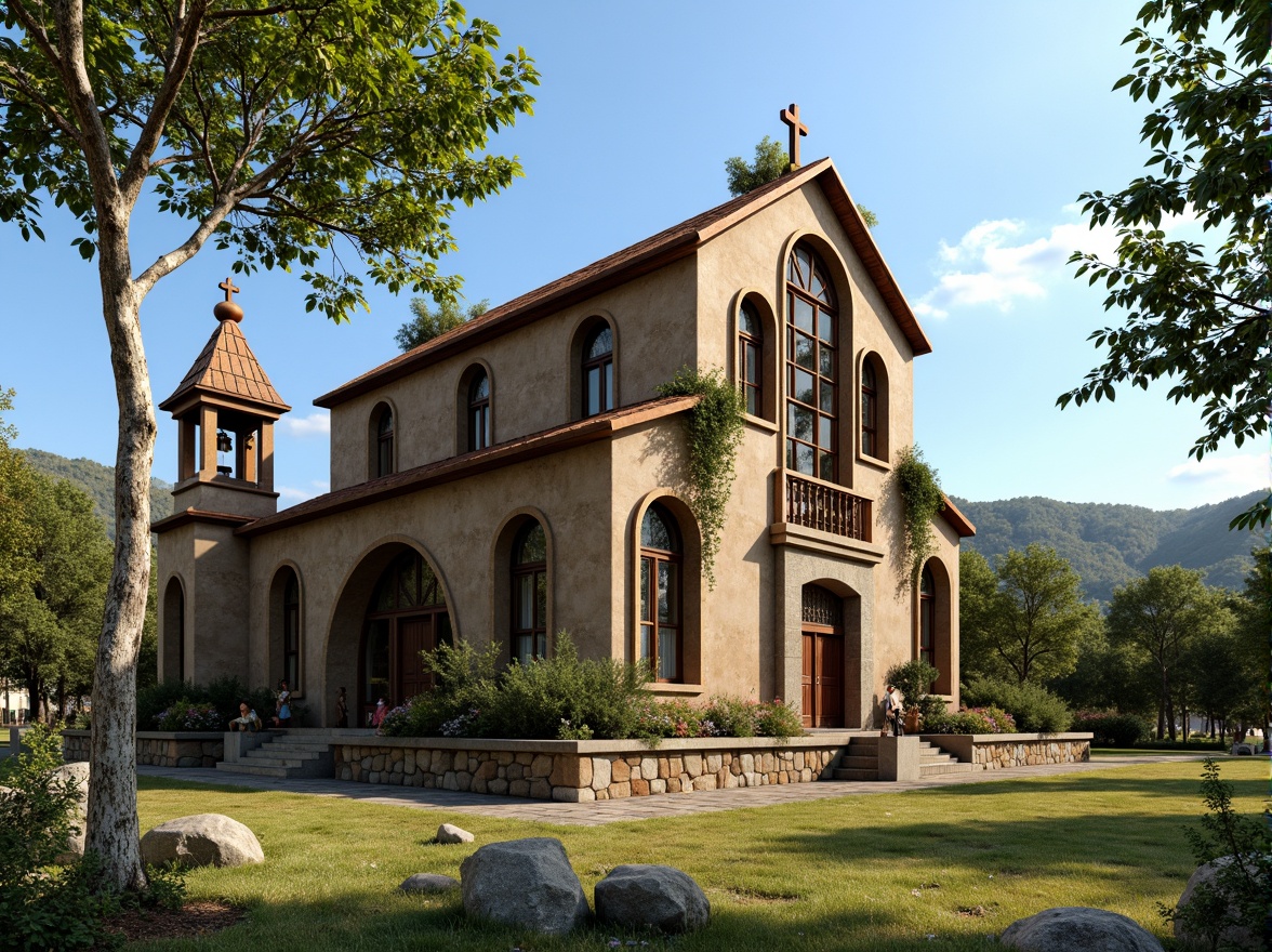 Prompt: Rustic rural church, wooden cross, stone foundation, earthy tones, natural textures, weathered wood accents, stained glass windows, arched doorways, bell towers, ivy-covered walls, lush green surroundings, rolling hills, serene countryside, warm sunlight, soft shadows, 1/2 composition, symmetrical framing, realistic materials, ambient occlusion.