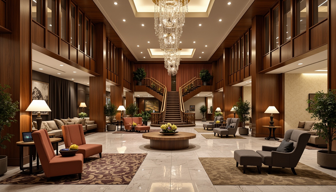 Prompt: Luxurious hotel lobby, rich wood tones, ornate furnishings, velvet drapes, golden accents, crystal chandeliers, marble floors, soft warm lighting, elegant archways, grand staircases, refined classicism style, muted earthy colors, beige walls, cream ceilings, dark wood paneling, subtle patterned carpets, sophisticated ambiance, warm inviting atmosphere, 1/1 composition, shallow depth of field, realistic textures.