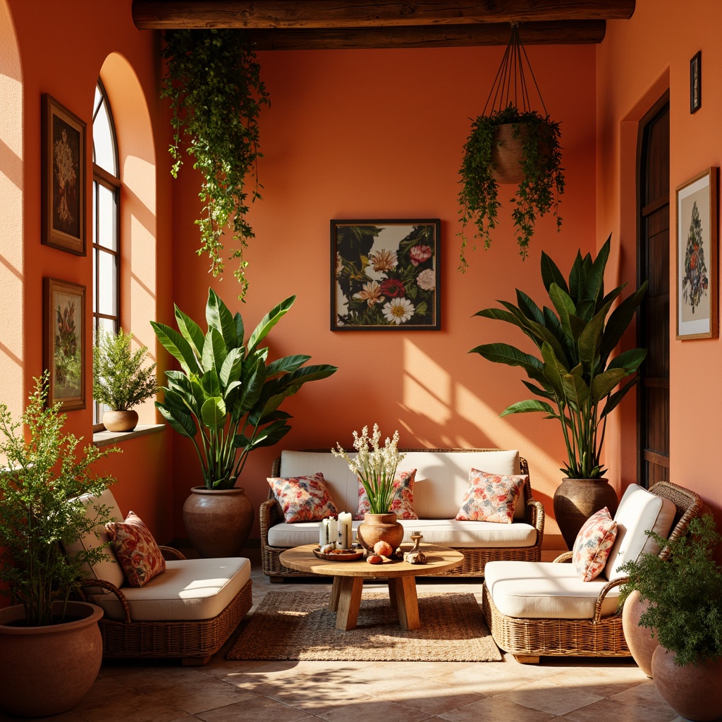 Prompt: Vibrant tangerine hues, warm golden lighting, rustic wooden accents, earthy terracotta pots, lush green foliage, whimsical floral patterns, distressed vintage textures, eclectic bohemian decor, cozy intimate spaces, natural woven fibers, soft creamy whites, rich walnut browns, bold coral pinks, sunny afternoon ambiance, shallow depth of field, 1/1 composition, realistic renderings, ambient occlusion.