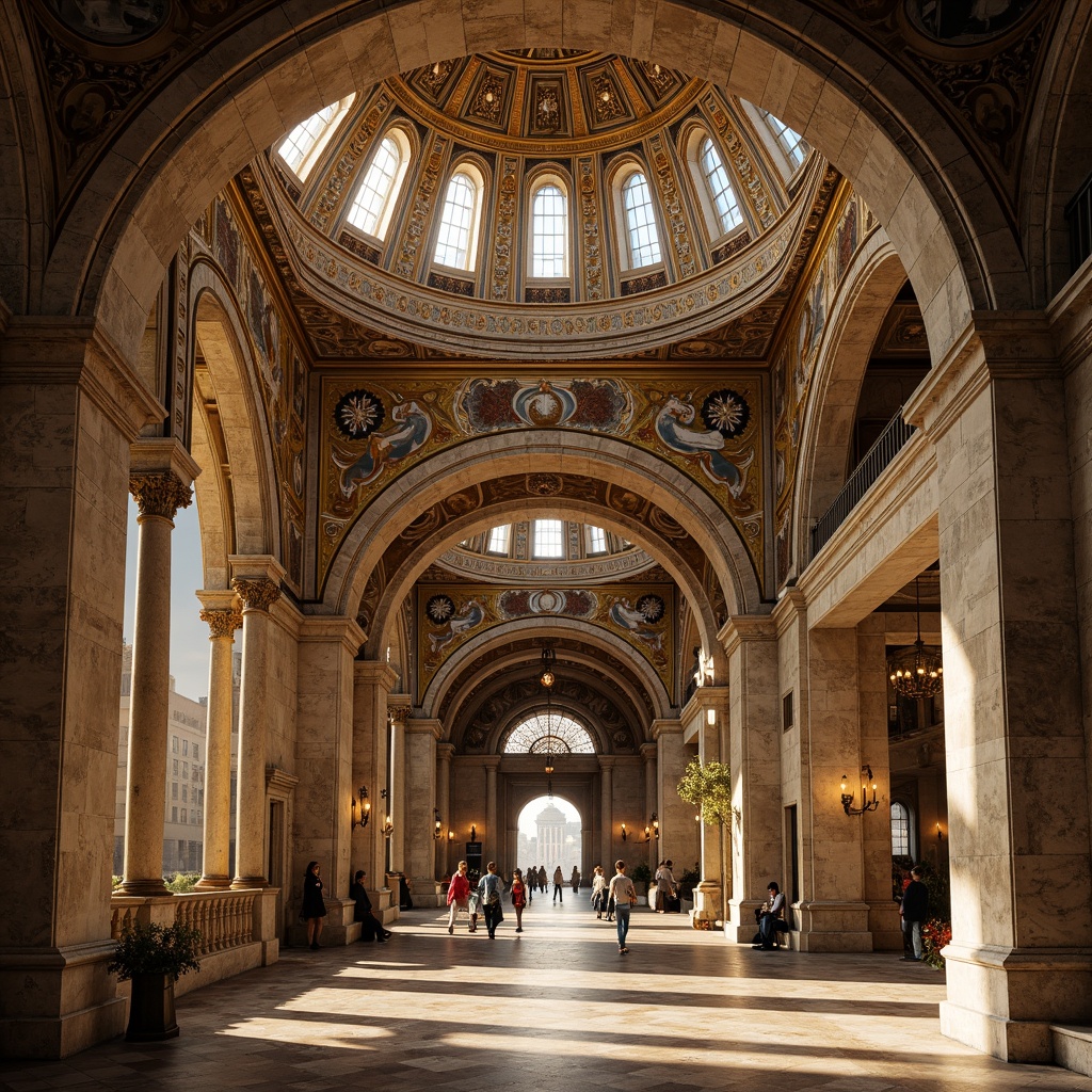 Prompt: Intricate stone arches, ornate carvings, golden mosaics, grand domes, majestic vaulted ceilings, richly decorated columns, ornamental capitals, lavish frescoes, intricate marble patterns, Byzantine-inspired motifs, warm golden lighting, soft shadows, shallow depth of field, 1/1 composition, symmetrical framing, realistic textures, ambient occlusion.