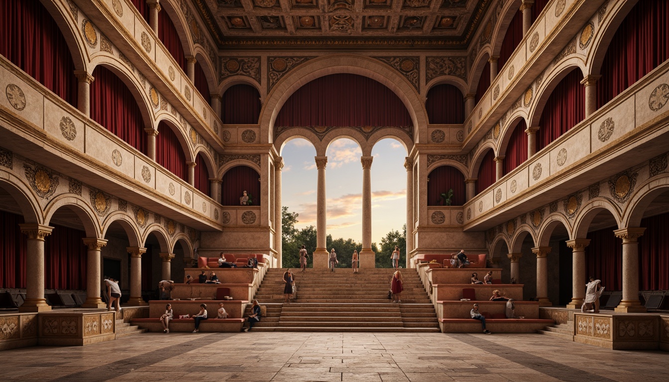 Prompt: Ancient Roman amphitheater, grandiose arches, ornate columns, travertine stone walls, tiered seating, red velvet curtains, golden accents, intricate mosaics, natural stone flooring, warm ambient lighting, soft focus, shallow depth of field, 2/3 composition, symmetrical framing, realistic textures, subtle shadowing, evening atmosphere, warm sunset glow, gentle breeze, acoustic panels, soundproofing materials, optimized reverberation time, immersive audio experience.