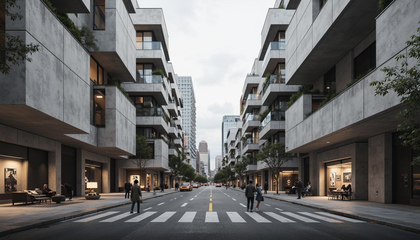 Prompt: Geometric buildings, brutalist architecture, raw concrete textures, industrial materials, minimalist decor, open floor plans, functional spaces, modular furniture, urban cityscape, busy streets, modern skyscrapers, abstract sculptures, monochromatic color scheme, high contrast lighting, dramatic shadows, 1/1 composition, symmetrical framing, stark atmospheric mood, realistic renderings.