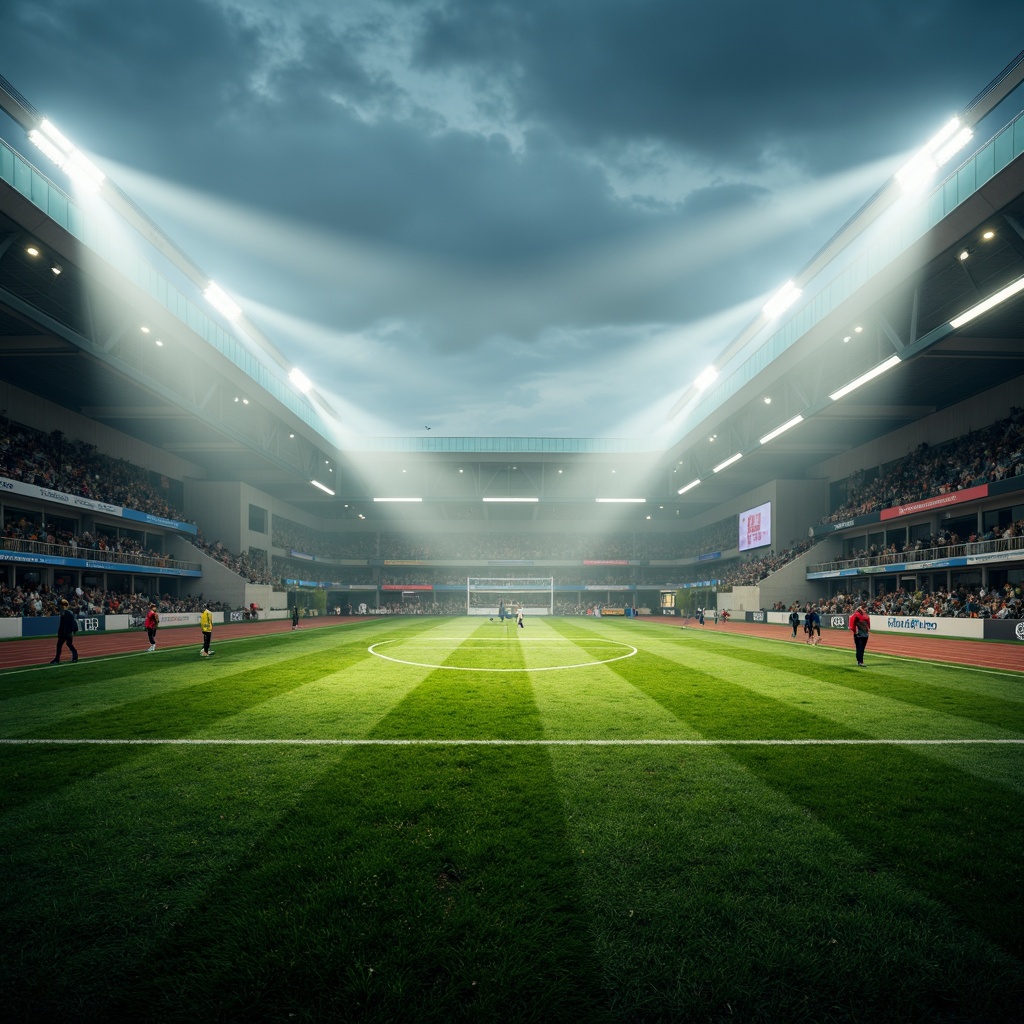 Prompt: Stadium atmosphere, lush green grass, athletic tracks, sports equipment, goalposts, floodlights, LED lighting, warm white tones, high-contrast shadows, dramatic spotlighting, misty evening air, soft focus, shallow depth of field, 1/2 composition, wide-angle lens, realistic textures, ambient occlusion.