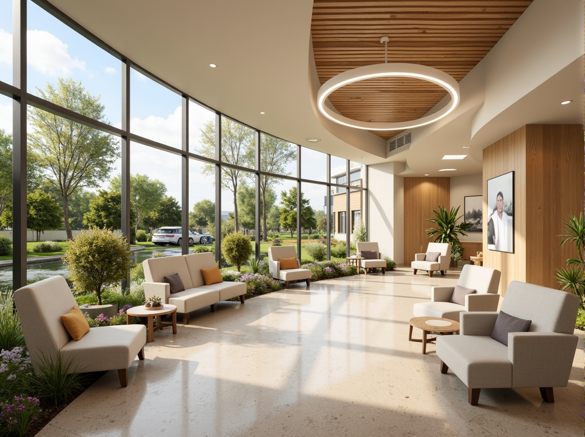 Prompt: Soothing healthcare facility, calming color schemes, natural wood accents, comfortable seating areas, gentle lighting fixtures, acoustic ceiling panels, minimalist decor, ergonomic furniture, circular nurse stations, private patient rooms, large windows, abundant natural light, serene outdoor gardens, water features, lush greenery, warm beige tones, soft carpeting, subtle textures, 1/1 composition, shallow depth of field, realistic renderings.