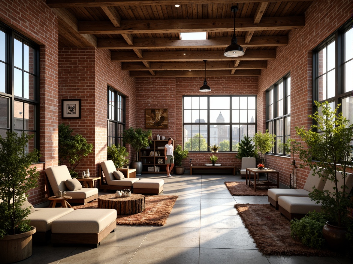 Prompt: Exposed brick walls, wooden beam ceilings, industrial chic decor, romantic ambiance, soft warm lighting, large windows, skylights, clerestory windows, natural stone floors, reclaimed wood accents, minimalist furniture, plush area rugs, cozy reading nooks, vintage decorative items, earthy color palette, lush greenery, potted plants, urban landscape views, sunny day, shallow depth of field, 3/4 composition, panoramic view, realistic textures, ambient occlusion.