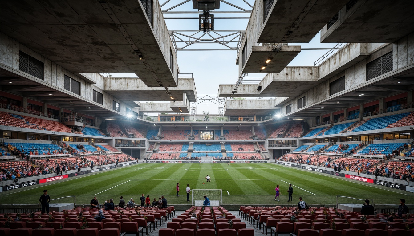 Prompt: Deconstructed soccer stadium interior, fragmented seating areas, irregularly shaped concession stands, distressed concrete walls, exposed ductwork, industrial-style lighting fixtures, reclaimed wood accents, abstract art installations, dynamic angular lines, asymmetrical compositions, bold color schemes, futuristic digital displays, immersive audio systems, atmospheric misting effects, 3/4 composition, shallow depth of field, realistic textures, ambient occlusion.