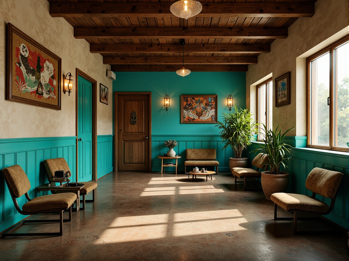 Prompt: Vibrant clinic, bold turquoise accents, warm beige walls, rich wood tones, eclectic art pieces, ornate metal fixtures, distressed finishes, abstract patterns, moody lighting, dramatic shadows, cinematic composition, 1/2 camera angle, high contrast ratio, gritty textures, ambient occlusion.