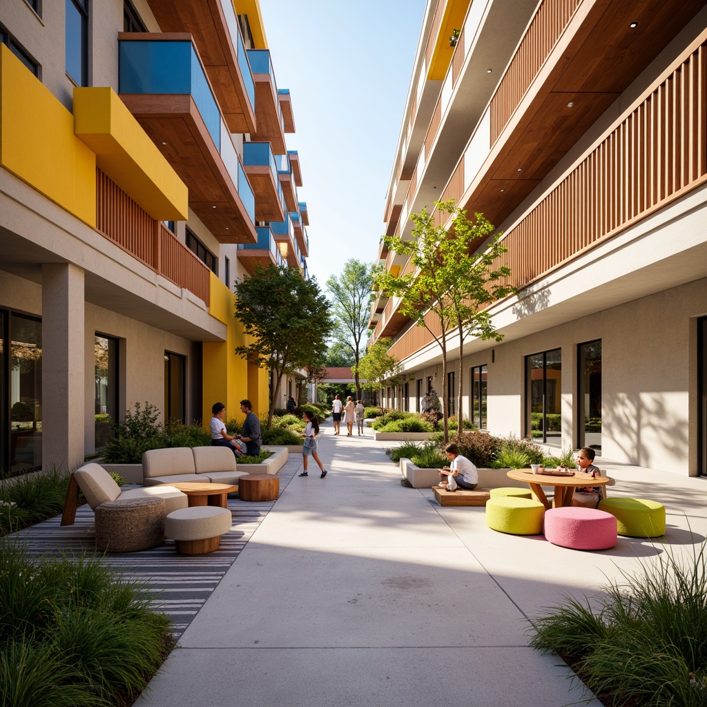 Prompt: Vibrant student halls, modern architectural design, bold color scheme, energetic atmosphere, youthful vibe, bright corridors, lively common areas, cozy study nooks, warm lighting, comfortable furniture, natural wood accents, calming greenery, playful patterns, geometric shapes, contrasting textures, dynamic visual interest, 3/4 composition, shallow depth of field, realistic rendering.