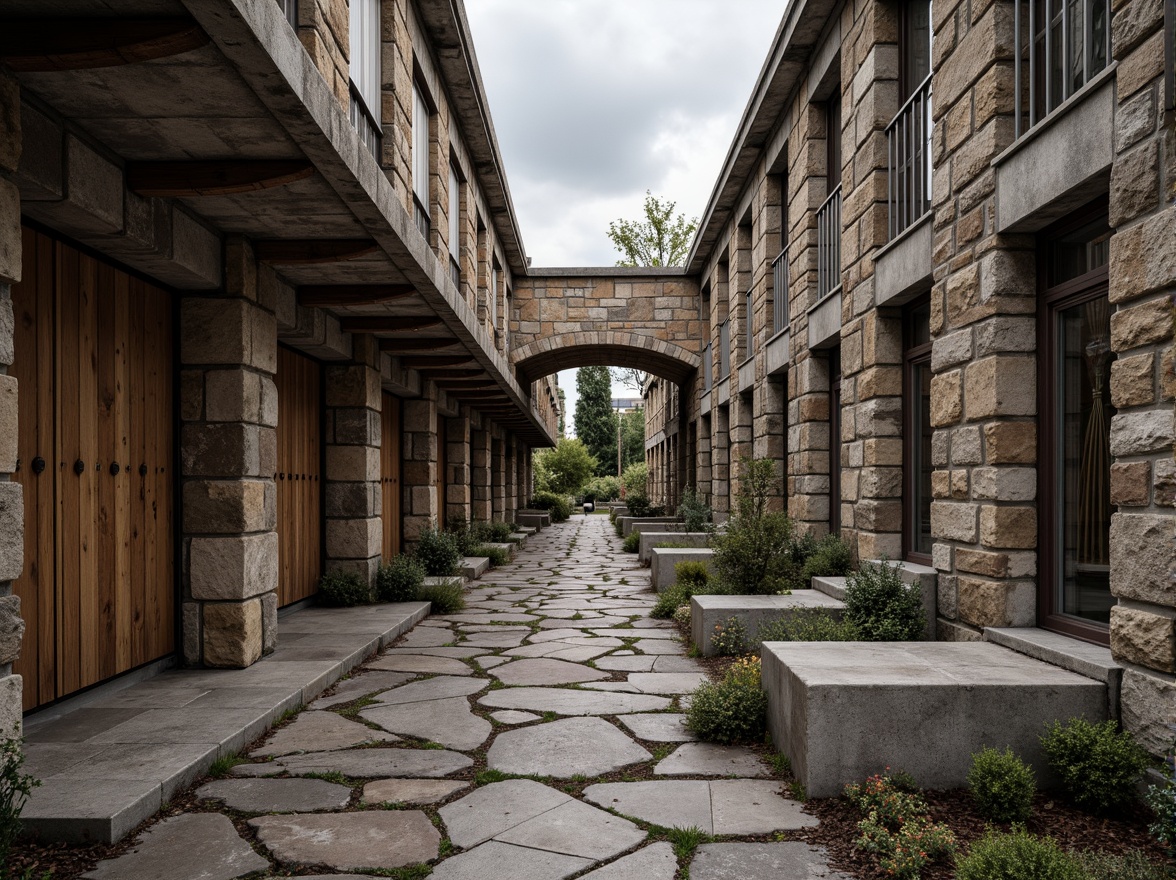 Prompt: Rustic stone walls, weathered wooden planks, rough-hewn concrete columns, tactile brick facades, ornate metalwork, intricate stonework patterns, natural rock formations, earthy tones, organic shapes, brutalist architecture, industrial chic aesthetic, urban landscape, overcast sky, dramatic shadows, high-contrast lighting, 1/2 composition, atmospheric perspective, realistic material rendering.