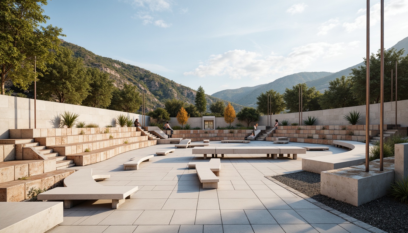 Prompt: Minimalist amphitheater, natural stone seating, sleek metal railings, polished concrete floors, simple wooden benches, subtle LED lighting, open sky above, warm sunny day, soft diffused shadows, shallow depth of field, 3/4 composition, panoramic view, realistic textures, ambient occlusion, weathered steel accents, industrial-style lamps, geometric-shaped planters, sparse greenery, gravel pathways, modern minimalist architecture, clean lines, monochromatic color scheme.