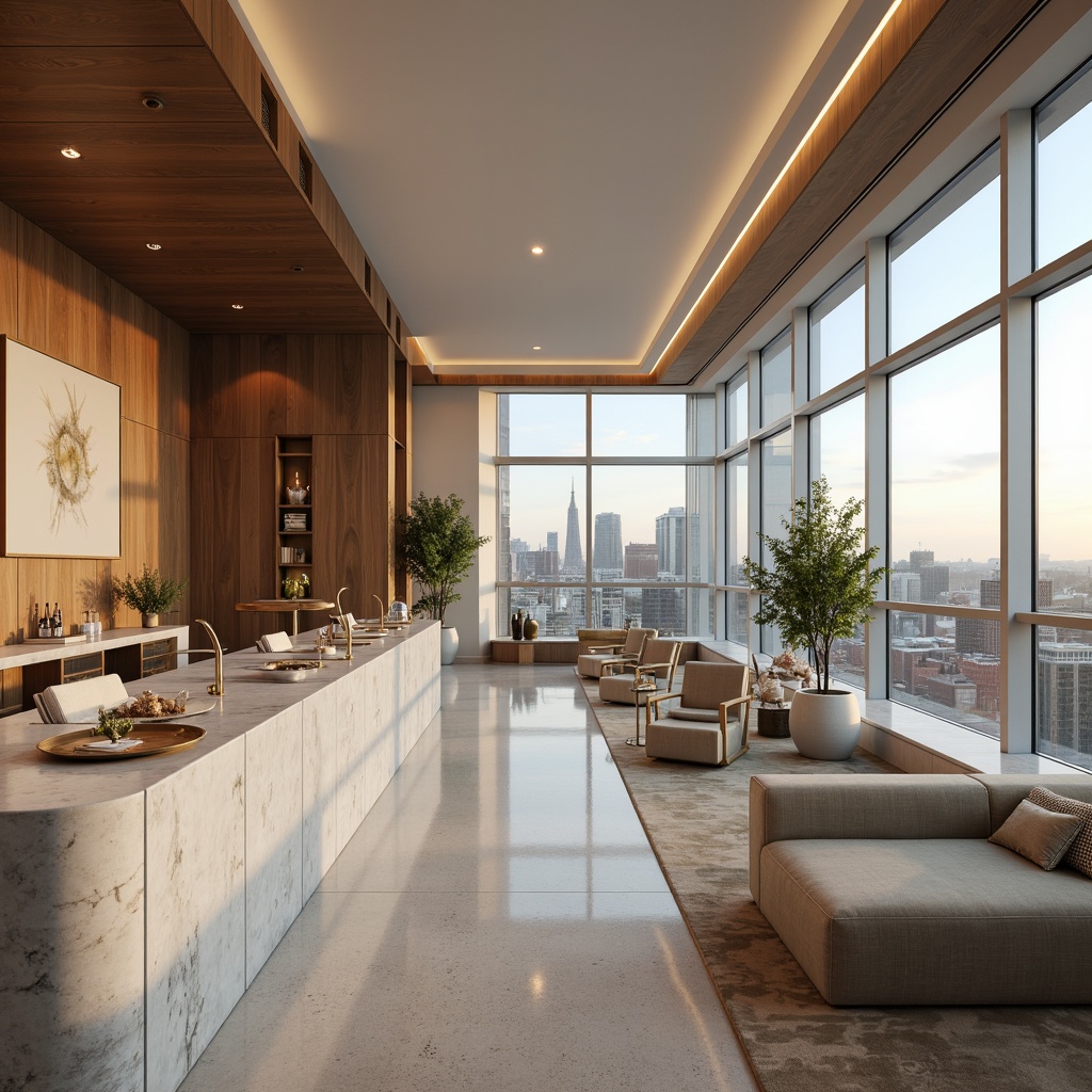 Prompt: Luxurious penthouse interior, rich wood accents, sleek metal fixtures, lavish marble countertops, plush velvet upholstery, sophisticated neutral tones, creamy whites, warm beige, soft grays, taupe undertones, subtle gold hardware, ambient warm lighting, dramatic cityscape views, floor-to-ceiling windows, minimalist decor, modern abstract art, elegant curves, refined textures, 1/1 composition, shallow depth of field, realistic reflections.