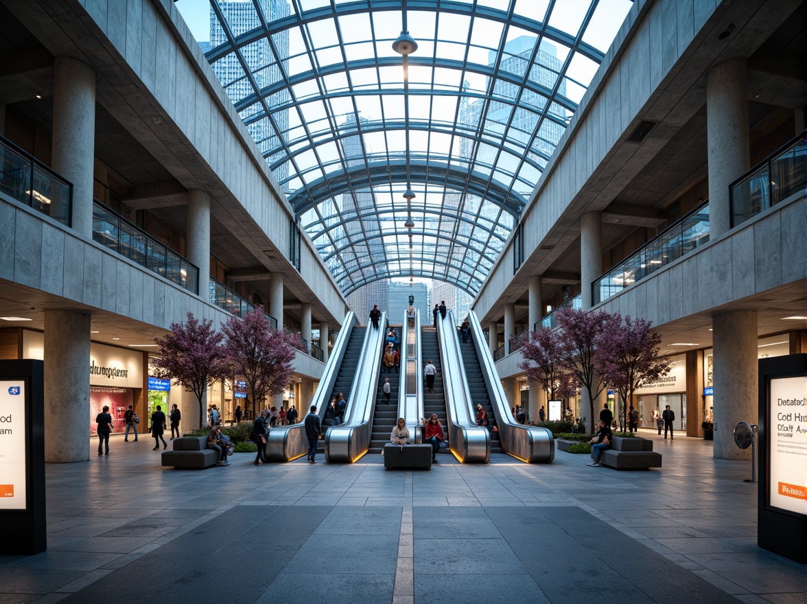 Prompt: Modern metro station, sleek glass roofs, steel beams, concrete columns, futuristic escalators, vibrant LED lighting, urban cityscape, busy pedestrian traffic, rush hour atmosphere, natural stone flooring, metallic accents, geometric patterns, angular lines, minimalist design, efficient passenger flow, clear signage, intuitive wayfinding, comfortable seating areas, ambient occlusion, shallow depth of field, 3/4 composition, panoramic view.