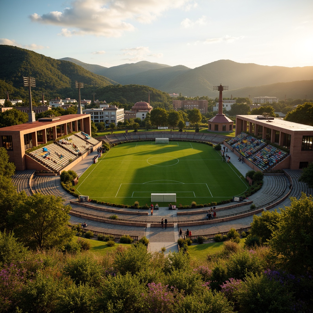 Prompt: Savanna landscape, lush green grass, scattered acacia trees, rolling hills, natural stone terracing, rustic wooden fences, soccer stadium architecture, curved grandstands, vibrant team colors, floodlighting, evening atmosphere, warm golden lighting, shallow depth of field, 3/4 composition, panoramic view, realistic textures, ambient occlusion, tropical plants, exotic flowers, meandering pathways, organic shapes, earthy tones, natural materials, eco-friendly design.