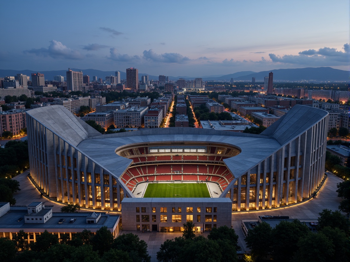 Prompt: Exposed concrete stadium fa\u00e7ade, brutalist architecture, rugged textures, industrial aesthetic, cantilevered roofs, angular lines, monumental scale, urban landscape, vibrant city lights, evening atmosphere, dramatic shadows, high-contrast lighting, 1/1 composition, symmetrical framing, realistic renderings, ambient occlusion.