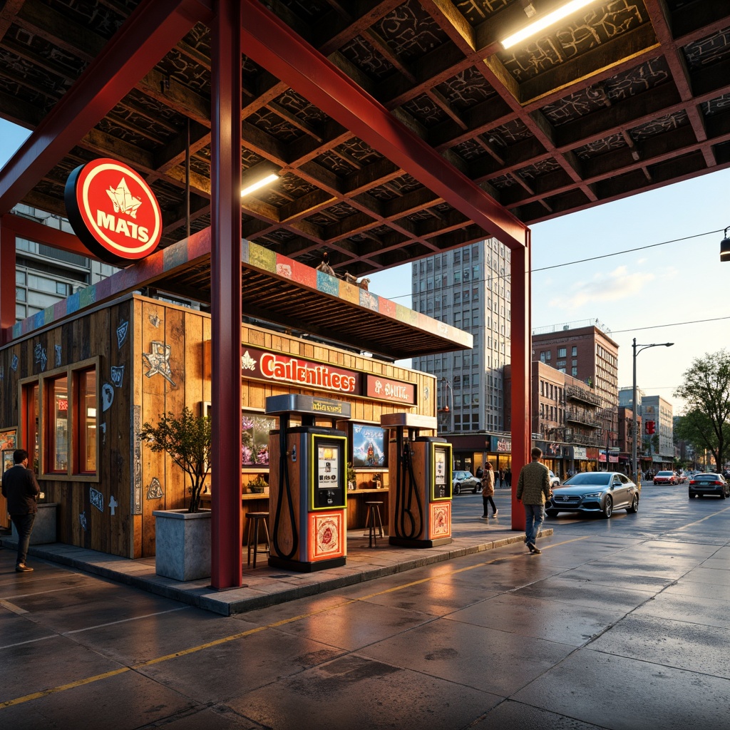 Prompt: Retro-futuristic gas station, eclectic mix of materials, distressed metal cladding, reclaimed wood accents, vibrant neon signs, bold color blocking, industrial-style lighting fixtures, polished concrete floors, exposed ductwork, corrugated steel roofs, ornate decorative tiles, vintage-inspired fuel pumps, modern LED signage, abstract graffiti murals, urban cityscape backdrop, warm golden hour lighting, shallow depth of field, 1/1 composition, realistic textures, ambient occlusion.