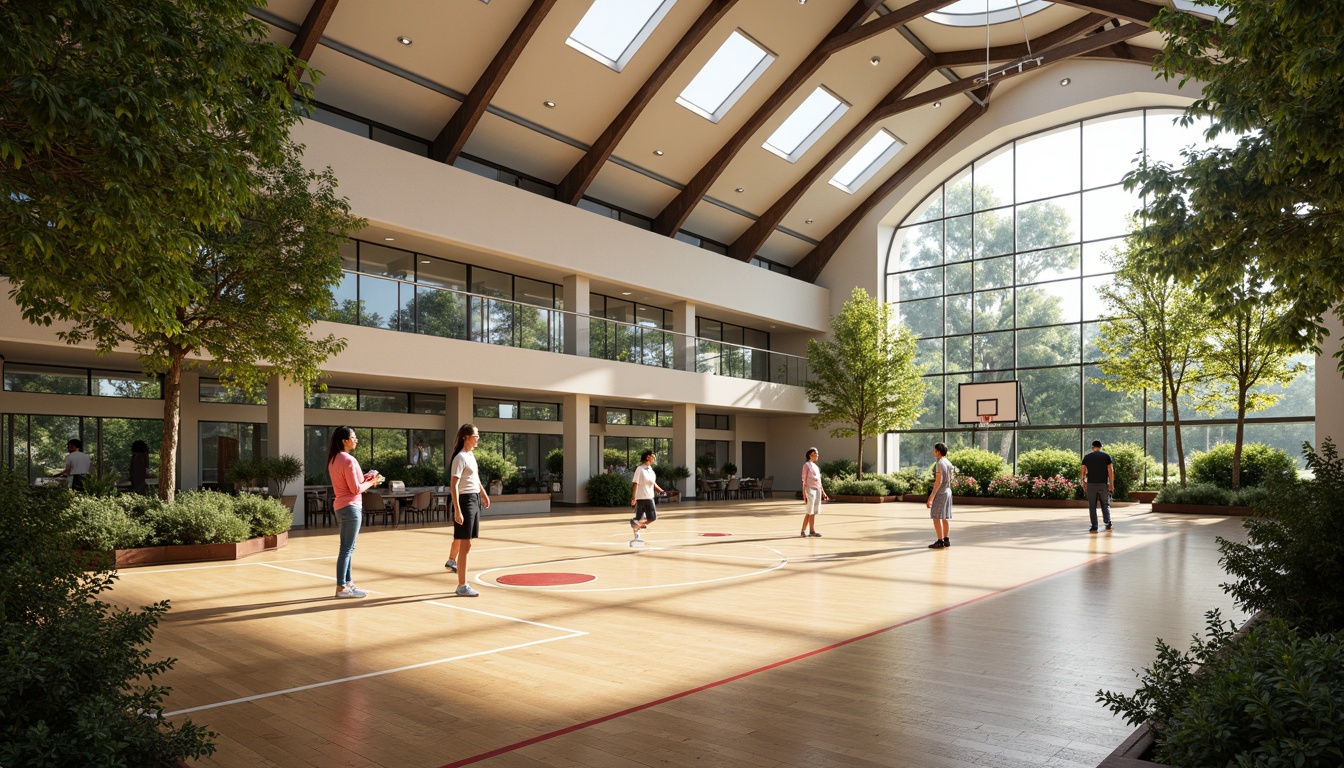 Prompt: Spacious gymnasium, high ceilings, clerestory windows, natural light pouring in, athletic equipment, basketball hoops, volleyball nets, exercise machines, wooden floors, mirrored walls, modern architecture, minimalist design, abundant greenery, lush plants, vibrant colors, warm atmosphere, soft shadows, shallow depth of field, 1/1 composition, realistic textures, ambient occlusion.