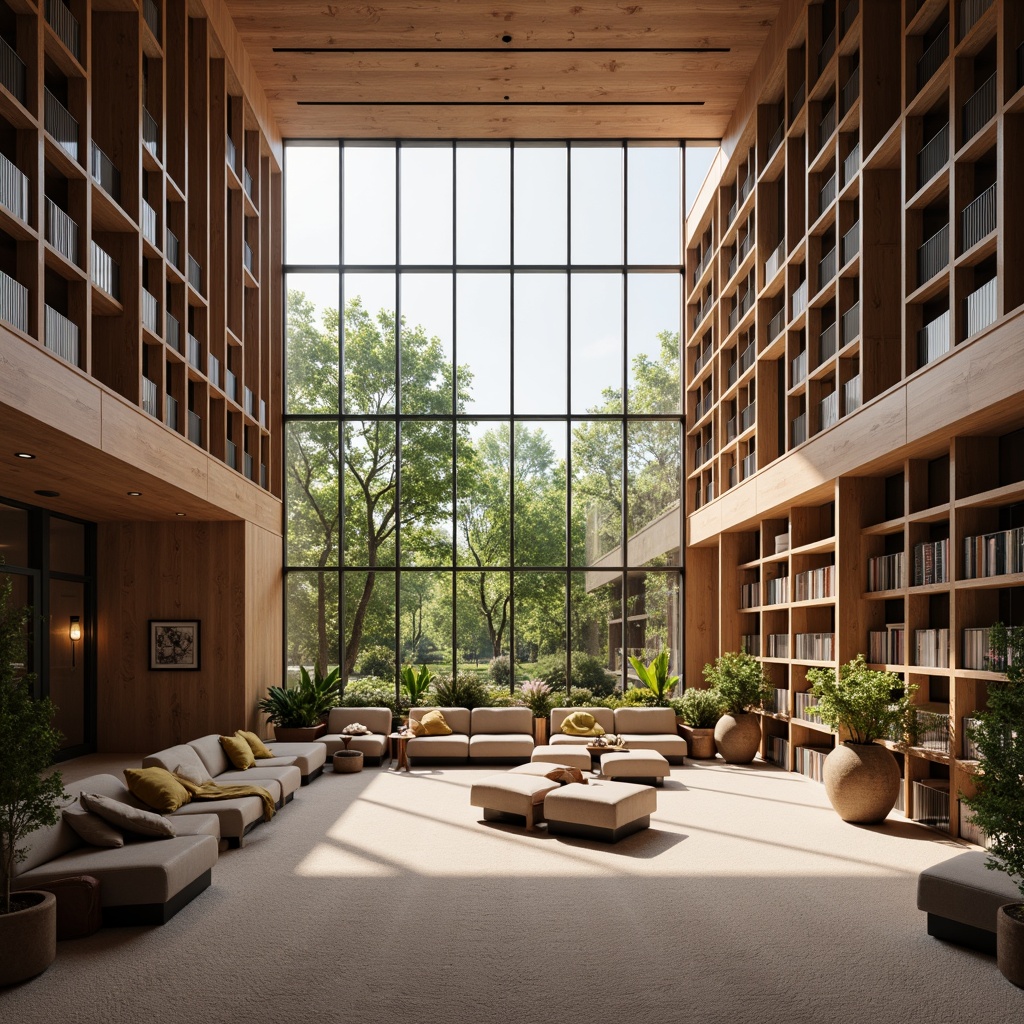 Prompt: Cozy reading nooks, abundant natural light, floor-to-ceiling windows, wooden shelves, comfortable seating areas, warm color schemes, soft carpeting, minimal artificial lighting, high ceilings, open spaces, modern minimalist architecture, subtle texture variations, realistic material rendering, 1/1 composition, softbox lighting, ambient occlusion.