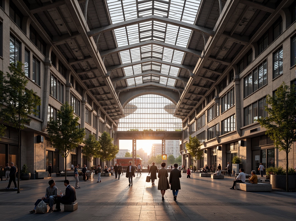 Prompt: Grand train station, high ceilings, large windows, natural light pouring in, steel beams, industrial architecture, modern design, urban atmosphere, busy commuters, rush hour scene, soft warm lighting, shallow depth of field, 1/1 composition, realistic textures, ambient occlusion, glass roofs, skylights, clerestory windows, open spaces, pedestrian walkways, public art installations, urban furniture, greenery, plants, trees.