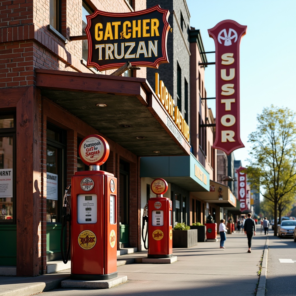 Prompt: Retro-style gas pumps, eclectic architecture, bold color schemes, vintage signage, distressed textures, rusty metal accents, reclaimed wood elements, industrial lighting fixtures, urban cityscape, busy streets, morning sunlight, shallow depth of field, 1/2 composition, realistic reflections, ambient occlusion, neon signs, nostalgic typography, ornate details, Art Deco influences, steampunk inspirations.