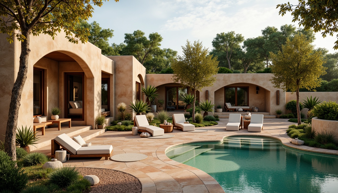 Prompt: Earthy villa, organic curves, natural stone walls, wooden accents, lush green roofs, vibrant turquoise pools, warm beige stucco, rustic terracotta tiles, soft sage landscaping, whimsical water features, meandering pathways, eclectic furniture, bohemian textiles, warm golden lighting, shallow depth of field, 1/1 composition, intimate atmosphere, realistic textures, ambient occlusion.