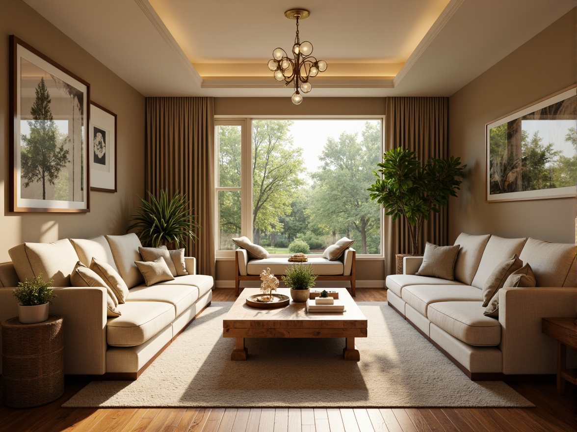 Prompt: Cozy living room, plush sofas, warm beige walls, rich wood flooring, soft golden lighting, comfortable throw pillows, modern minimalist decor, large windows, natural daylight, lush greenery views, elegant chandeliers, sophisticated color palette, calming atmosphere, shallow depth of field, 1/1 composition, realistic textures, ambient occlusion.