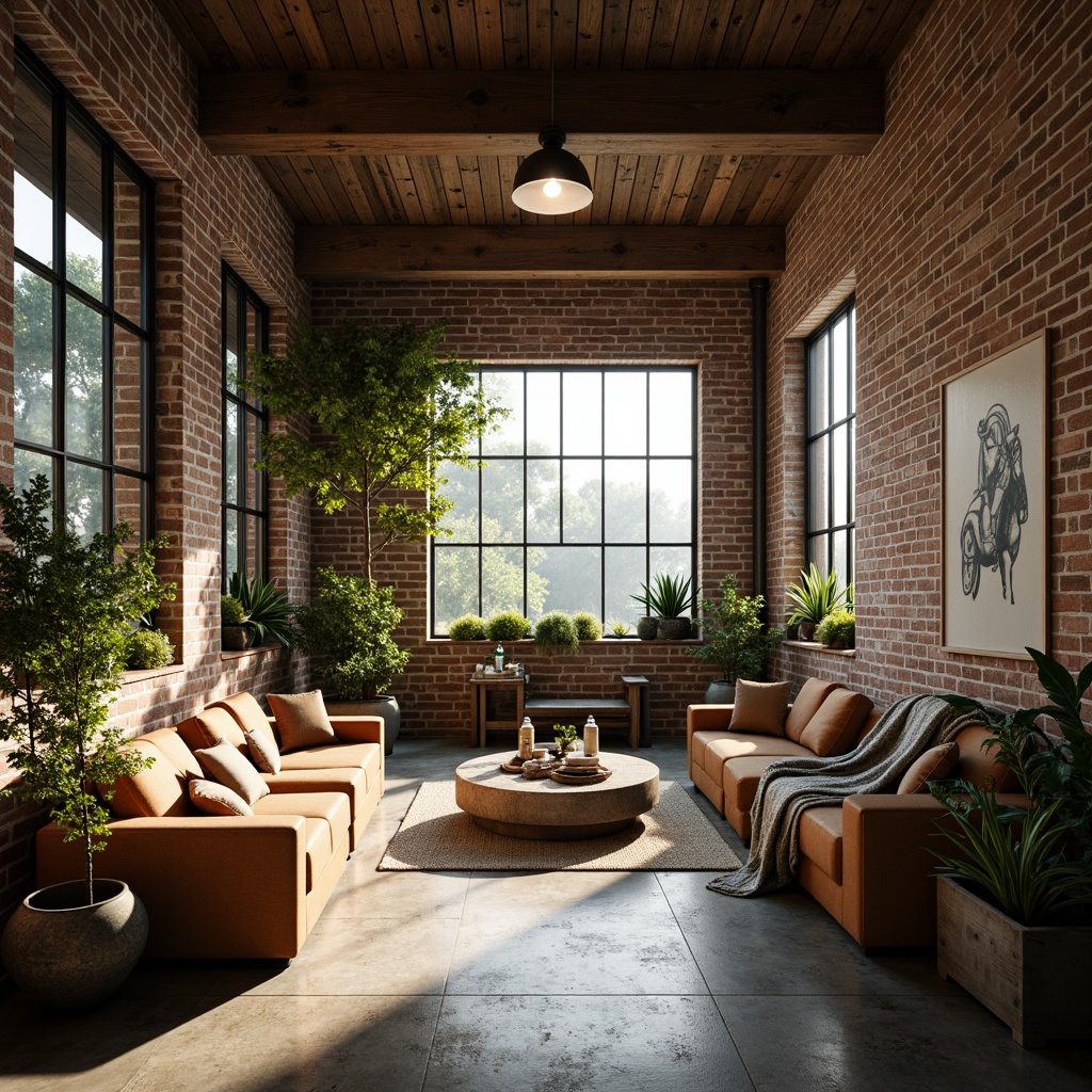 Prompt: Exposed brick walls, reclaimed wood accents, industrial metal beams, vintage decorative items, lush greenery, natural textiles, earthy color palette, soft warm lighting, cozy intimate spaces, minimalist decor, eco-friendly materials, rainwater harvesting systems, solar panels, green roofs, living walls, urban garden views, misty morning atmosphere, shallow depth of field, 1/1 composition, realistic textures, ambient occlusion.