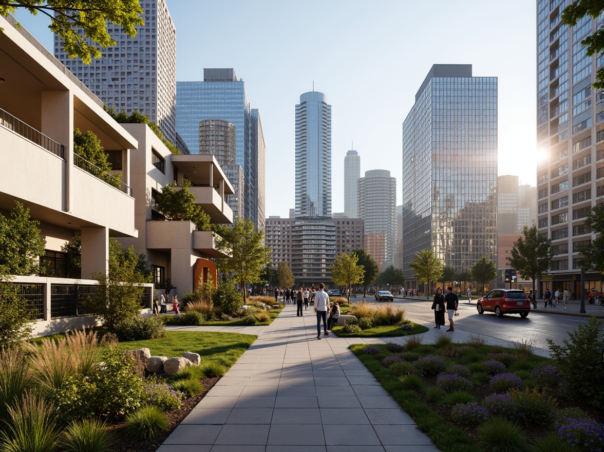 Prompt: Vibrant cityscape, mixed-use development, pedestrian-friendly streets, green roofs, urban gardens, public art installations, modern skyscrapers, sleek glass facades, metallic accents, bustling street life, morning rush hour, soft warm lighting, shallow depth of field, 3/4 composition, panoramic view, realistic textures, ambient occlusion.