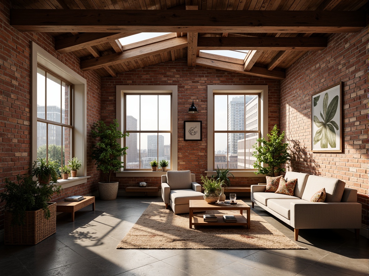 Prompt: Exposed brick walls, wooden beam ceilings, industrial chic decor, romantic ambiance, soft warm lighting, large windows, skylights, clerestory windows, natural stone floors, reclaimed wood accents, minimalist furniture, plush area rugs, cozy reading nooks, vintage decorative items, earthy color palette, lush greenery, potted plants, urban cityscape views, sunny day, shallow depth of field, 3/4 composition, panoramic view, realistic textures, ambient occlusion.