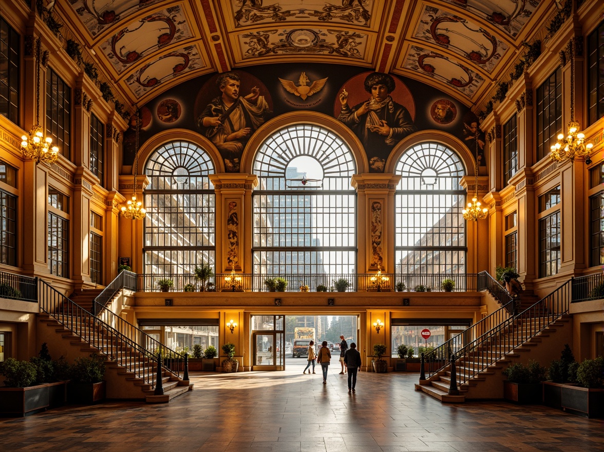 Prompt: Ornate bus station, grandiose entrance, sweeping arches, ornamental columns, intricate carvings, gilded details, vibrant frescoes, majestic domes, curved staircases, luxurious chandeliers, polished marble floors, richly patterned textiles, dramatic lighting effects, warm golden color scheme, symmetrical composition, classical proportions, imposing scale, urban cityscape, bustling streets, morning sunlight, soft focus, shallow depth of field.