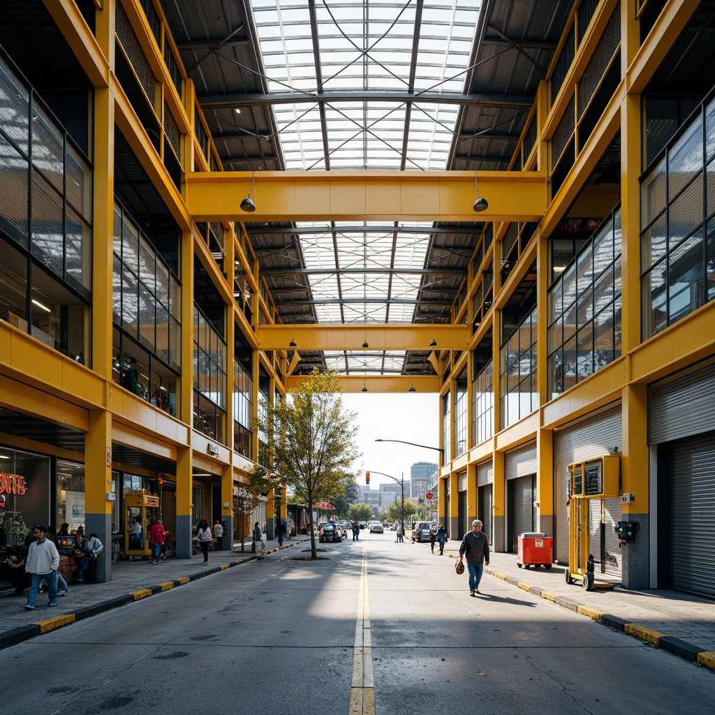 Prompt: Vibrant distribution center, bold industrial architecture, bright yellow accents, exposed steel beams, polished concrete floors, modern LED lighting, sleek metal cladding, geometric patterns, urban cityscape, busy streets, morning sunlight, shallow depth of field, 1/2 composition, realistic textures, ambient occlusion.