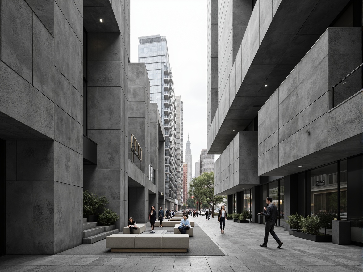 Prompt: Geometric buildings, brutalist architecture, raw concrete textures, industrial materials, minimalist decor, open floor plans, functional spaces, modular furniture, urban cityscape, busy streets, modern skyscrapers, abstract sculptures, monochromatic color scheme, high-contrast lighting, dramatic shadows, 1/1 composition, symmetrical framing, stark contrast, atmospheric perspective.