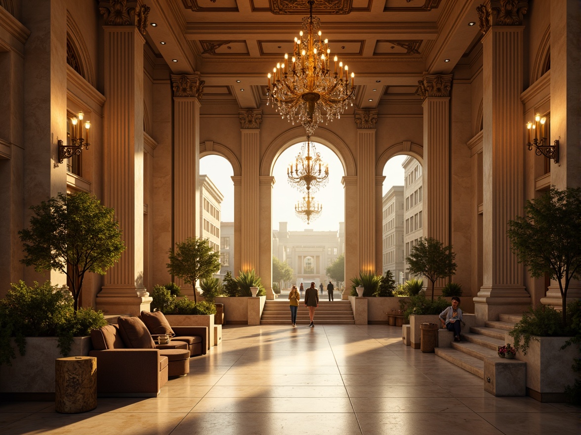 Prompt: Grandiose entrance, majestic colonnade, towering pillars, ornate capitals, elegant archways, sweeping staircases, polished marble floors, lavish chandeliers, opulent furnishings, regal atmosphere, warm golden lighting, shallow depth of field, 1/1 composition, symmetrical framing, realistic textures, ambient occlusion.