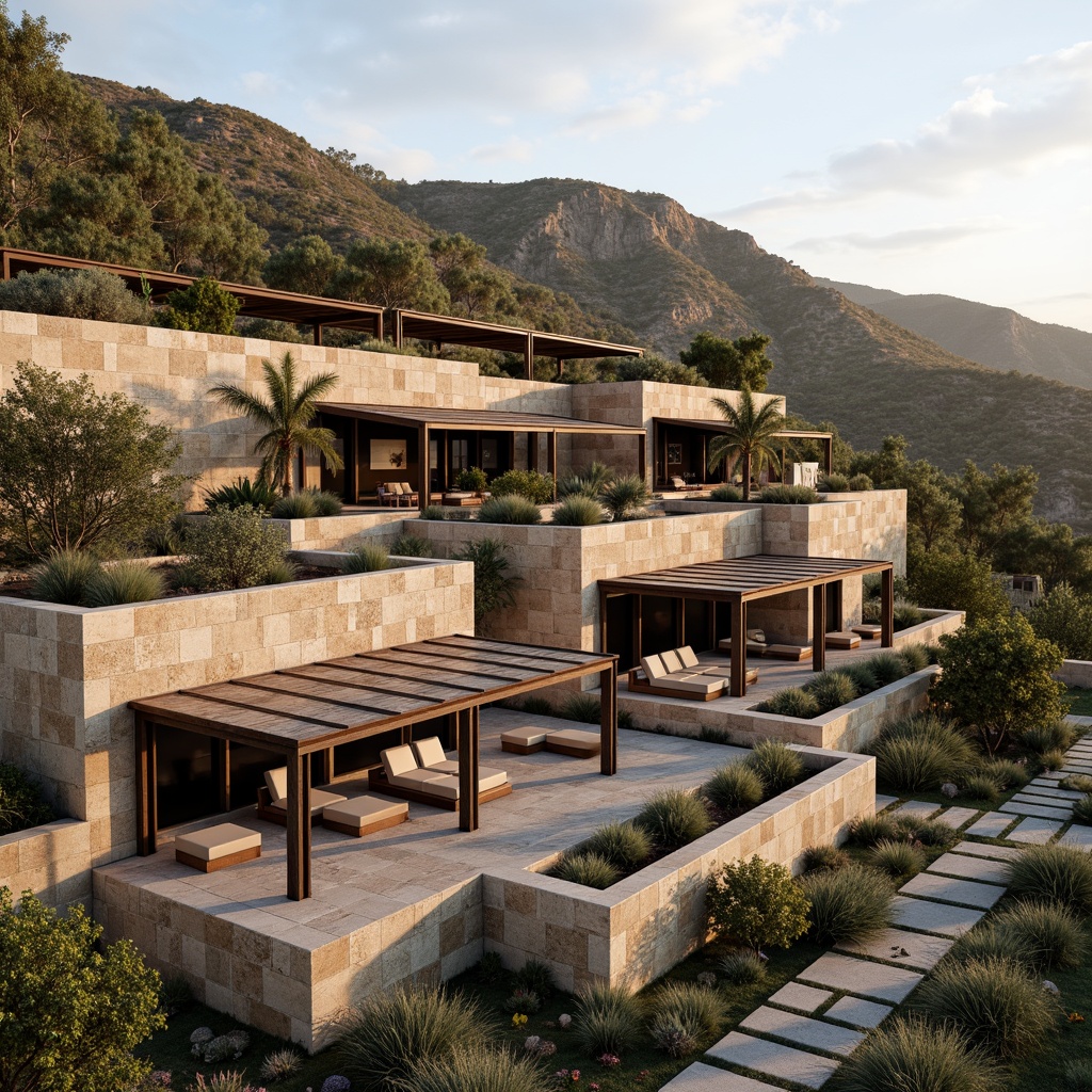 Prompt: Rustic hillside, natural stone walls, earthy tones, organic curves, cantilevered roofs, large overhangs, wooden accents, steel beams, minimalist decor, floor-to-ceiling windows, sliding glass doors, panoramic views, surrounding landscape, native vegetation, winding pathways, outdoor seating areas, soft warm lighting, shallow depth of field, 3/4 composition, realistic textures, ambient occlusion.