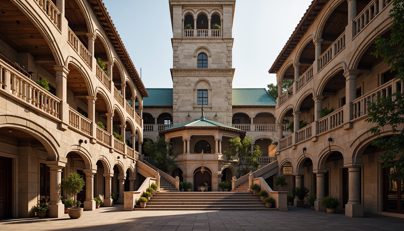 Prompt: Grandiose tower structure, Renaissance Revival style, ornate stone carvings, intricate Gothic arches, majestic clock towers, copper roofing, grand entrance halls, sweeping staircases, ornamental balconies, classical columns, rusticated bases, symmetrical facades, warm golden lighting, dramatic shadows, 1/2 composition, low-angle shot, realistic textures, ambient occlusion.