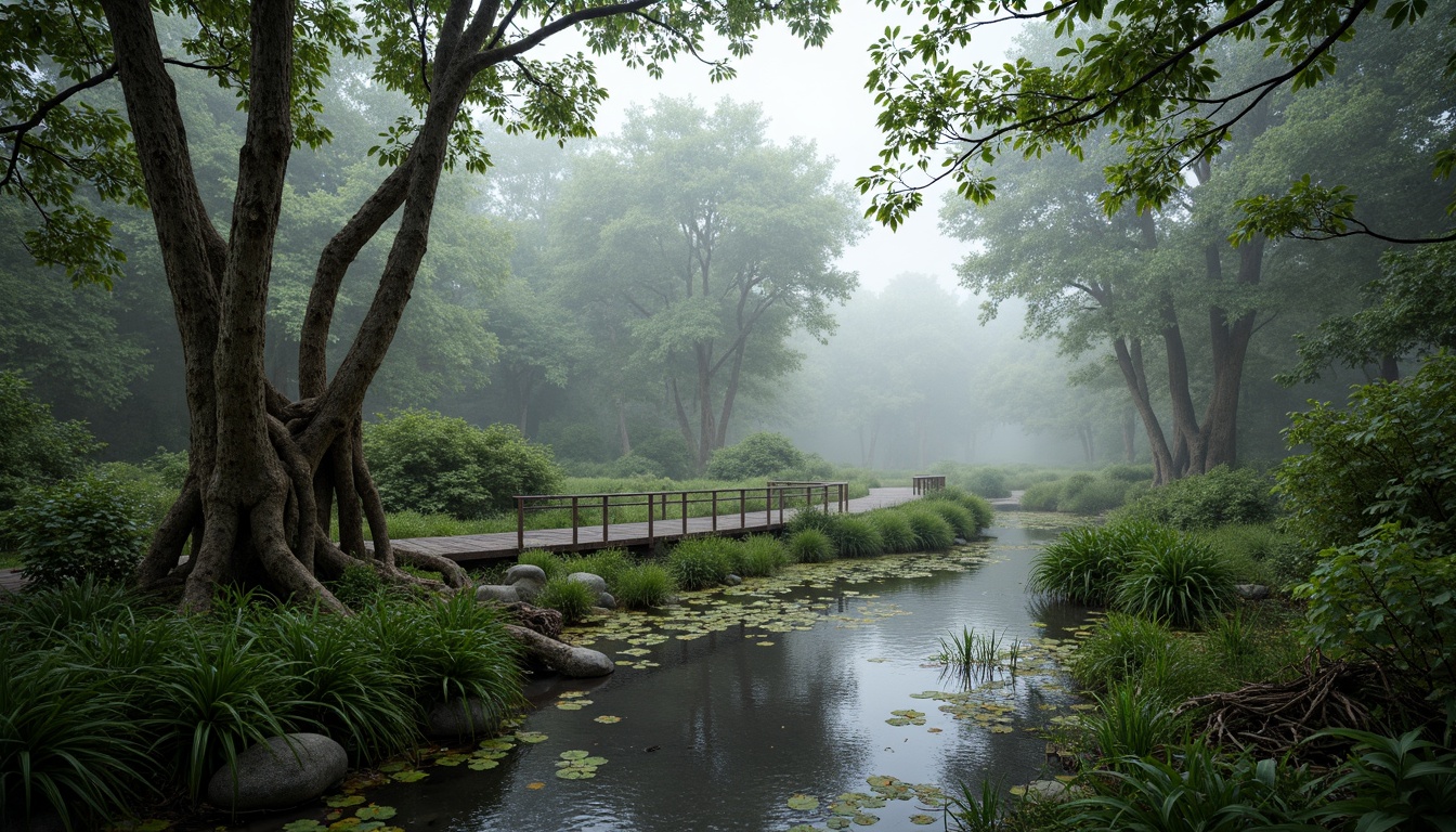 Prompt: Misty wetlands, lush vegetation, twisted mangrove roots, murky waters, wooden boardwalks, observation decks, bird-watching platforms, native aquatic plants, water lilies, cattails, rushes, sedges, natural stone pathways, meandering streams, serene atmosphere, soft diffused lighting, shallow depth of field, 1/1 composition, realistic textures, ambient occlusion.