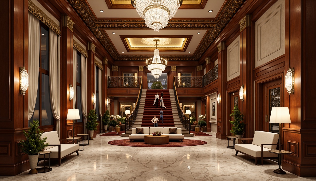 Prompt: Luxurious hotel lobby, marble floors, ornate chandeliers, grand staircase, rich wood paneling, velvet drapes, golden accents, intricate moldings, neoclassical columns, crystal sconces, plush furnishings, soft warm lighting, shallow depth of field, 1/1 composition, realistic textures, ambient occlusion.