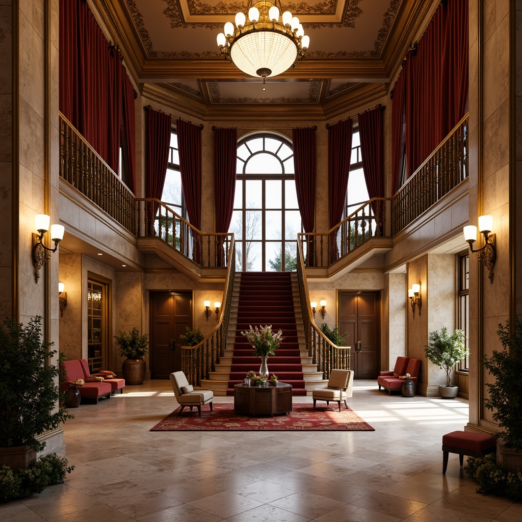 Prompt: Luxurious hotel lobby, marble floors, ornate chandeliers, grand staircase, velvet drapes, rich wood paneling, gilded frames, intricate moldings, crystal sconces, plush carpets, elegant furnishings, neoclassical architecture, symmetrical facade, Corinthian columns, arched windows, rusticated stone walls, warm golden lighting, soft focus, shallow depth of field, 2/3 composition, realistic textures, ambient occlusion.