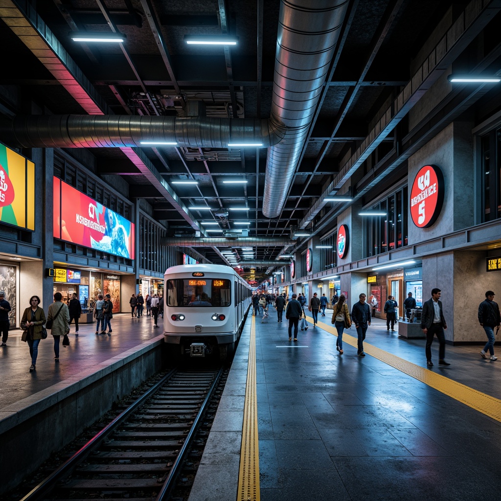 Prompt: Urban metro station, constructivist architecture, geometric shapes, industrial materials, exposed ductwork, metallic beams, concrete columns, vibrant urban art, LED light installations, futuristic ambiance, high-contrast lighting, dramatic shadows, dynamic angles, abstract patterns, brutalist textures, urban jungle atmosphere, rush hour crowds, fast-paced lifestyle, modern transportation hub, efficient infrastructure, sleek signage systems, bold typography, neon advertisements, bustling city sounds, shallow depth of field, 1/2 composition, cinematic view.