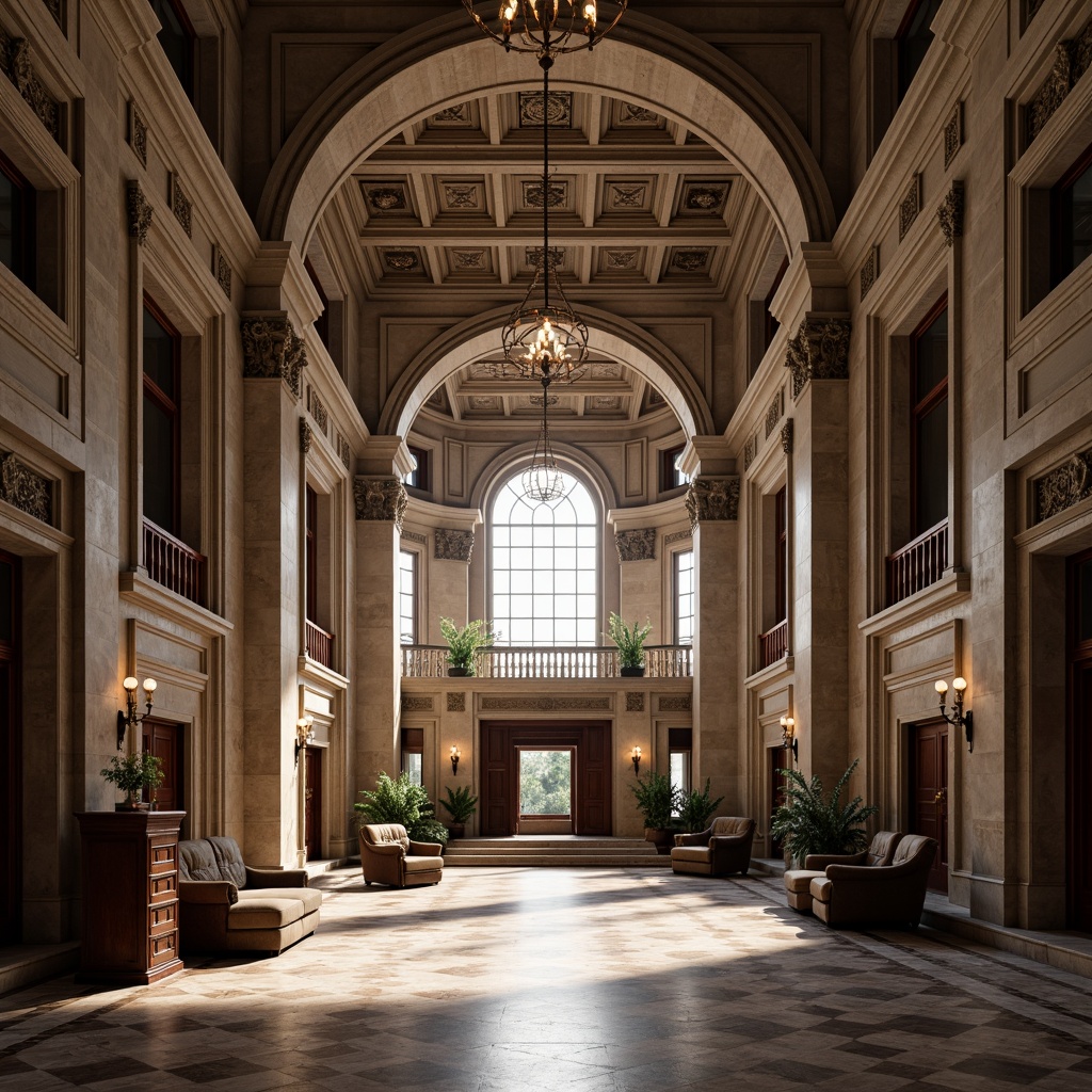 Prompt: Grand courthouse, neoclassical architecture, imposing stone fa\u00e7ade, ornate columns, vaulted ceilings, intricate moldings, polished marble floors, rich wood paneling, stately staircases, grand chandeliers, natural light pouring in, dramatic shadows, high-contrast lighting, 1/2 composition, symmetrical framing, realistic textures, ambient occlusion.