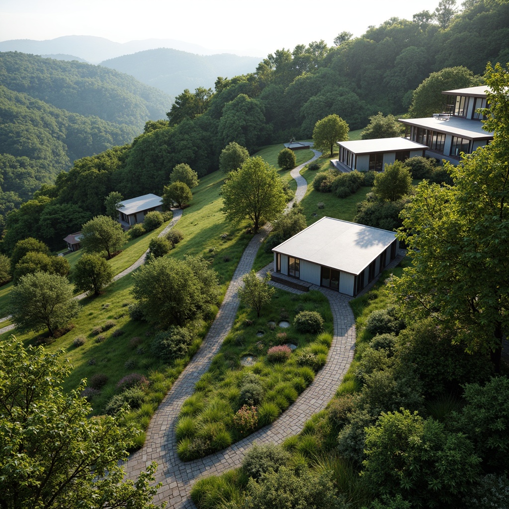 Prompt: Rustic hillside, lush green vegetation, winding stone pathways, modernist Bauhaus buildings, flat roofs, rectangular forms, industrial materials, steel frames, large windows, minimalist decor, functional design, harmonious integration, natural surroundings, rolling hills, serene atmosphere, soft diffused lighting, shallow depth of field, 2/3 composition, panoramic view, realistic textures, ambient occlusion.