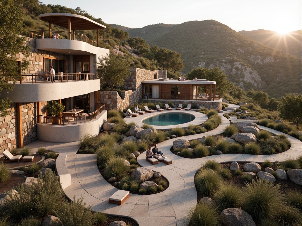 Prompt: Rustic hillside, natural stone walls, earthy tones, organic curves, cantilevered roofs, large overhangs, wooden accents, steel beams, minimalist decor, floor-to-ceiling windows, sliding glass doors, panoramic views, surrounding landscape, native vegetation, winding pathways, outdoor seating areas, soft warm lighting, shallow depth of field, 3/4 composition, realistic textures, ambient occlusion.