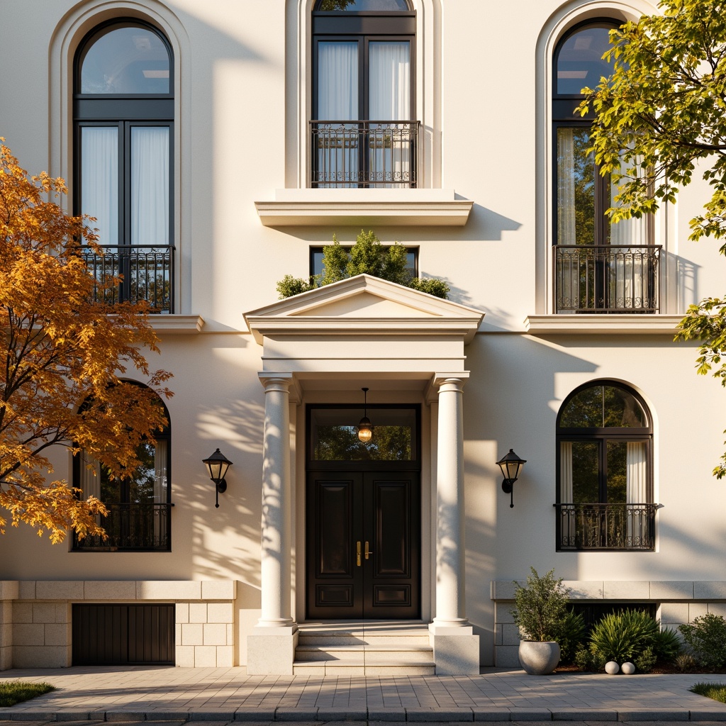 Prompt: Elegant social housing facade, neoclassical architecture style, symmetrical composition, ornate details, grand entrance, ionic columns, decorative pilasters, rusticated base, arched windows, balconies with intricate metalwork, soft cream-colored stucco, subtle texture variations, warm golden lighting, shallow depth of field, 1/2 composition, realistic materials, ambient occlusion.