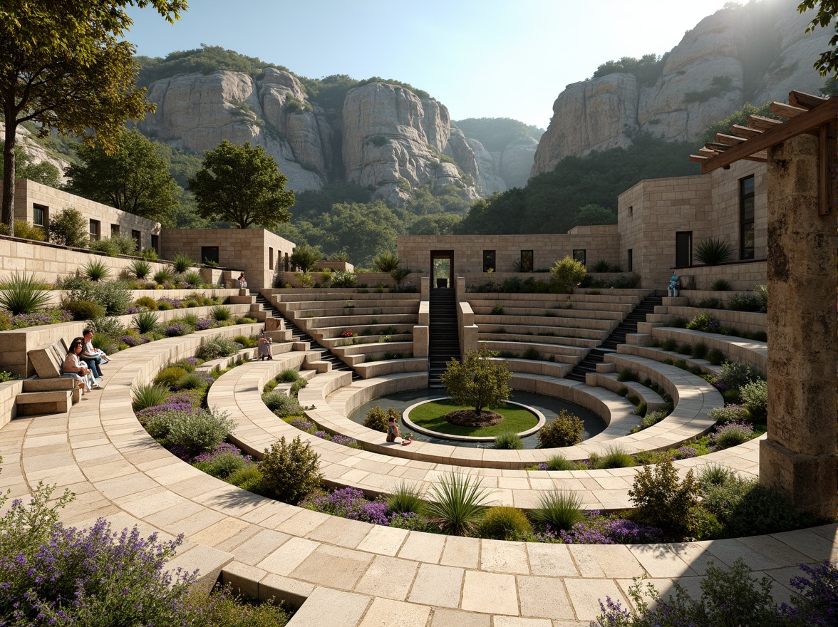 Prompt: Amphitheater-inspired constructivist architecture, grandiose stone steps, curved seating areas, ornate metal railings, lush greenery, vibrant flowers, natural rock formations, rustic wooden accents, earthy color palette, warm sunny day, soft diffused lighting, shallow depth of field, 3/4 composition, panoramic view, realistic textures, ambient occlusion.